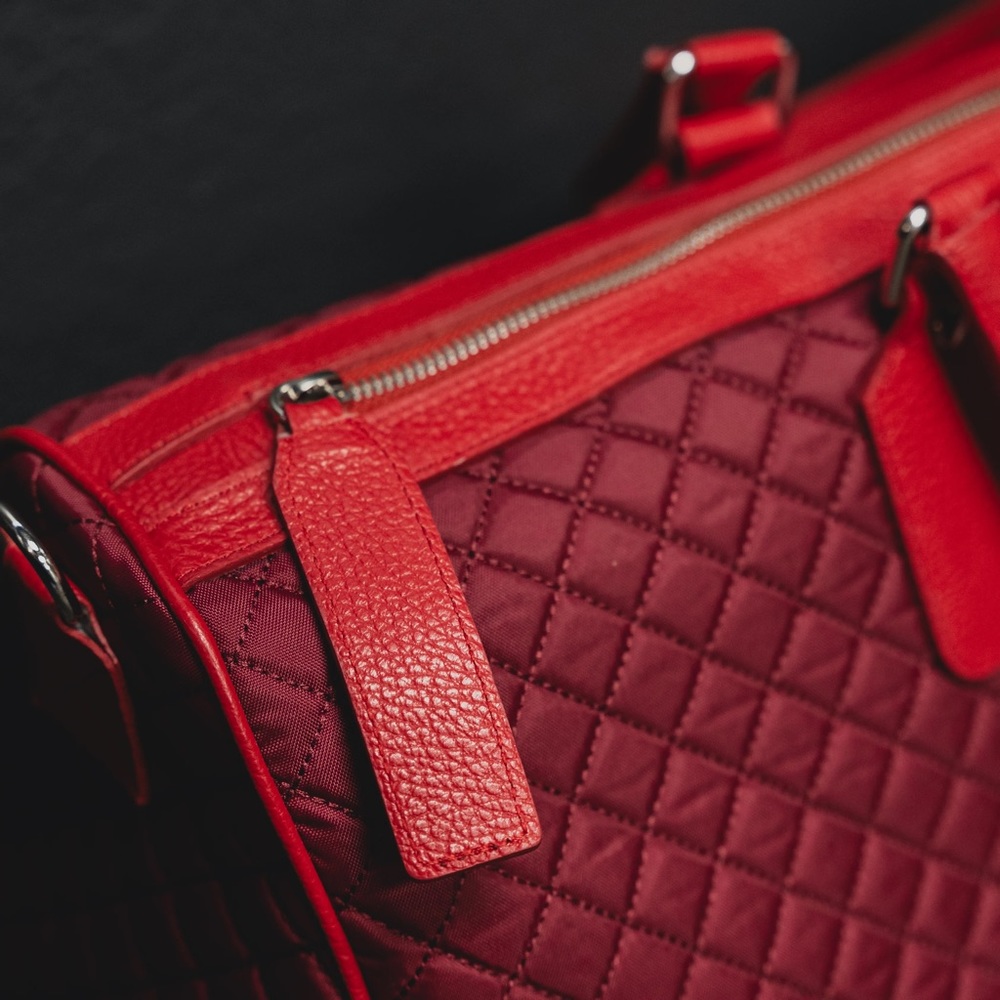 Large red leather and woven weekender duffle bag by SL